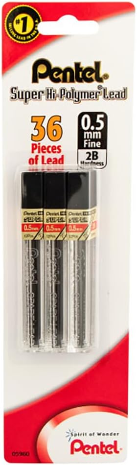 Pentel Lead Refills 0.5mm 2B, Black, 12 Leads per Tube (C505-2B) - Pack of 3