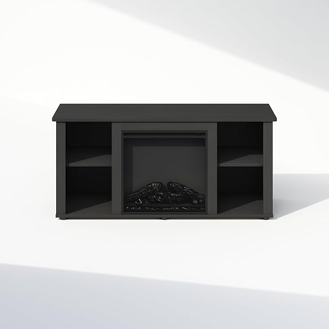 Furinno Jensen Fireplace TV Stand, NO Heat Decorative Electric Fireplace TV Stand for TV up to 55 Inch, with Open Storage, for Living Room, Americano