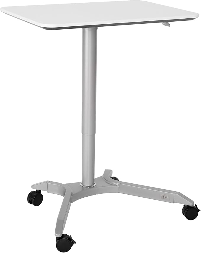 Seville Classics Airlift Height Adjustable Pneumatic Laptop Sit Stand Desk Mobile Rolling Cart, Computer Workstation for Home Office, Classroom, White, 28" Premium Desktop (New Model)