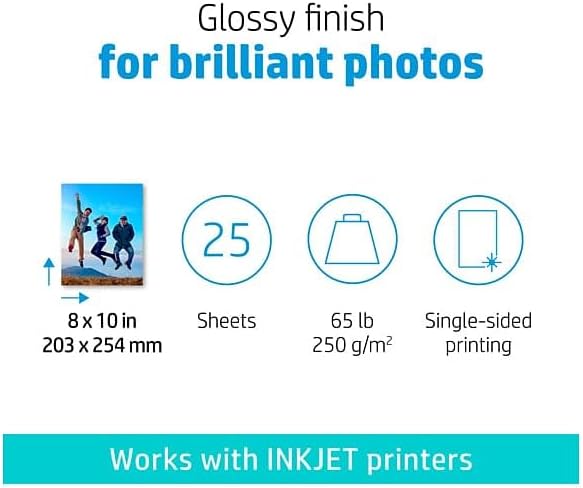 HP Advanced Photo Paper, Glossy, 65 lb, 8 x 10 in., 203 x 254 mm, 25 sheets (6J777A)