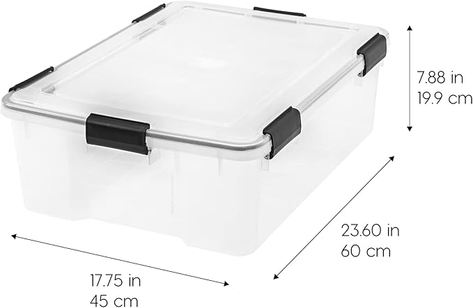 IRIS USA 41 Quart WEATHERPRO Plastic Storage Box with Durable Lid and Seal and Secure Latching Buckles, 4 Pack, Weathertight, Keep Pest Dust and Moisture Out, for Oversized Bulky Items, Clear/Black