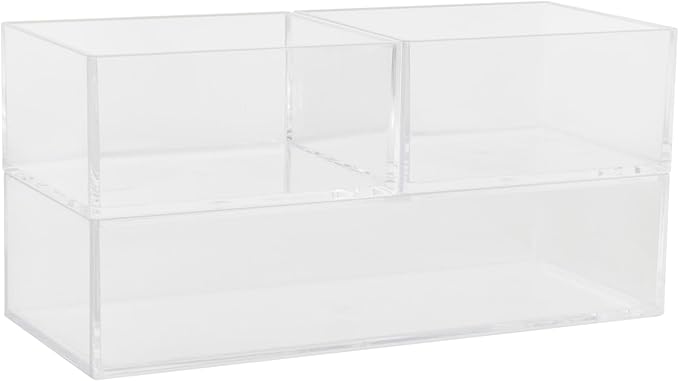 Martha Stewart Brody Desktop Storage Organizer, Stack and Slide Plastic Organizer Tray, Organizer for Office, Kitchen, or Vanity, 2-S, 1-M