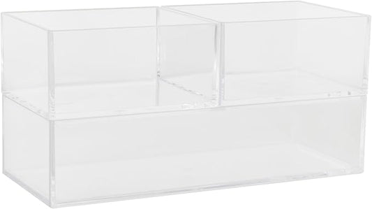 Martha Stewart Brody Desktop Storage Organizer, Stack and Slide Plastic Organizer Tray, Organizer for Office, Kitchen, or Vanity, 2-S, 1-M