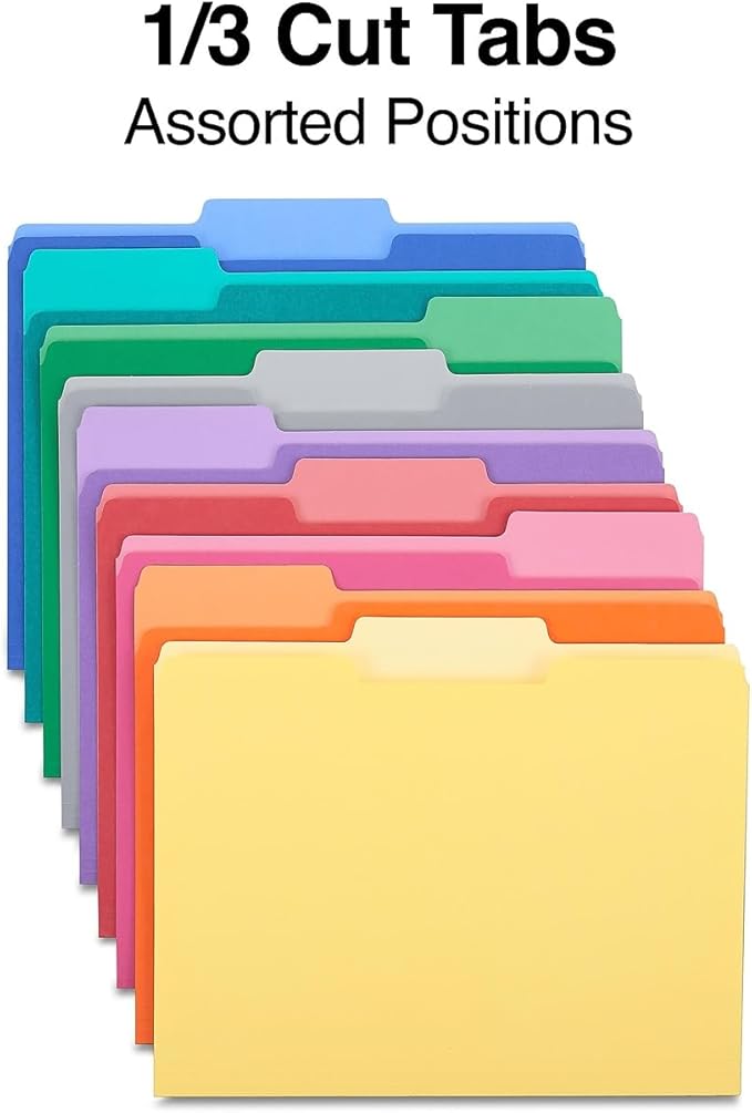 Staples File Folders, Letter Size, 1/3‑Cut Tabs, Assorted Colors, Durable 10.5‑Point Paper Stock, 100/Pack