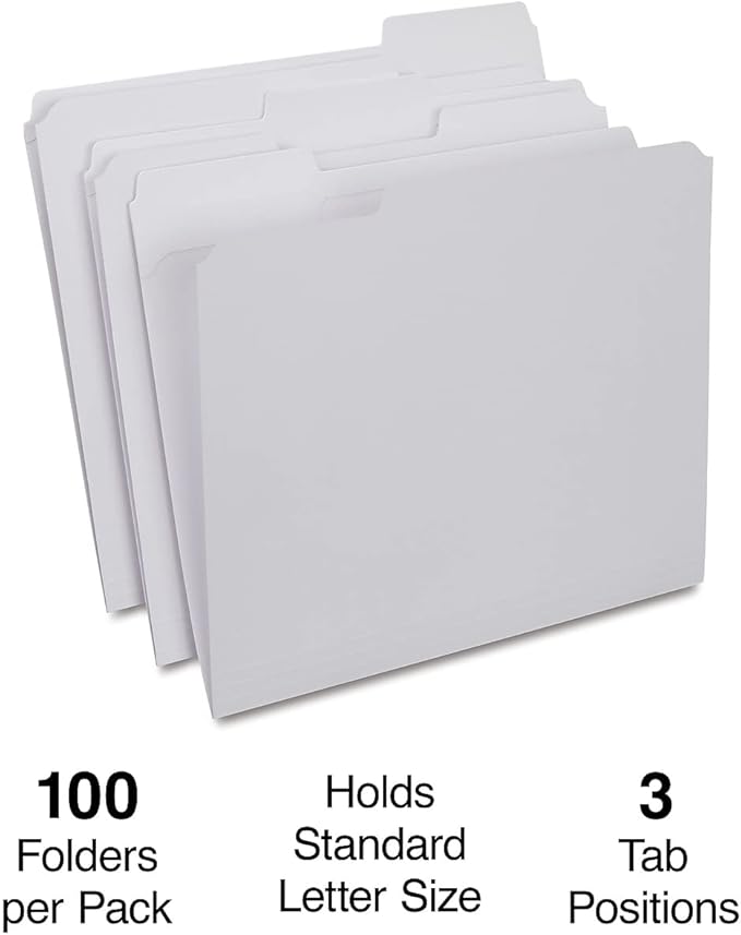 Staples Reinforced File Folders, Letter Size, 3‑Tab Design, White, Durable Paper Stock, 100/Box