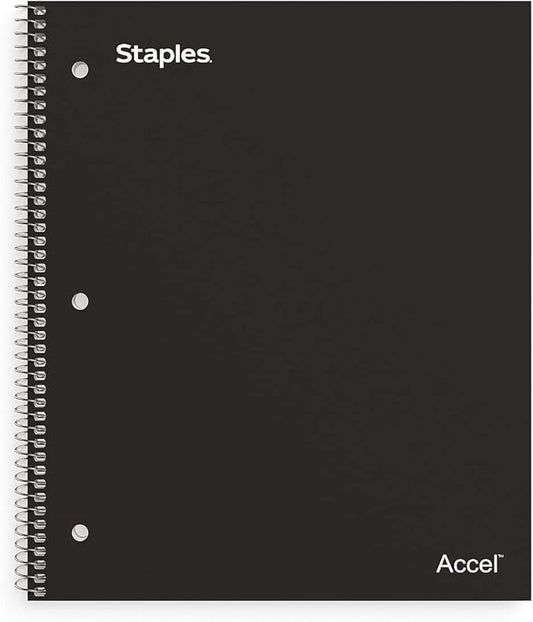 STAPLES Accel 1‑Subject Notebook, 8.5” x 11”, College Ruled, 100 Sheets, Black