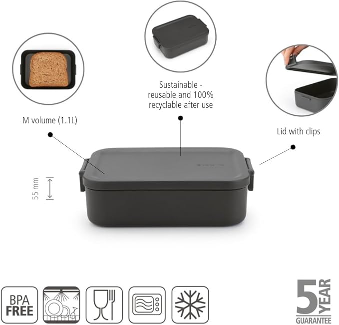 Brabantia Make & Take Medium Lunch Box (Dark Gray) BPA-Free, Airtight Snap Locks, Microwave & Freezer Safe, Travel Meal Prep Container