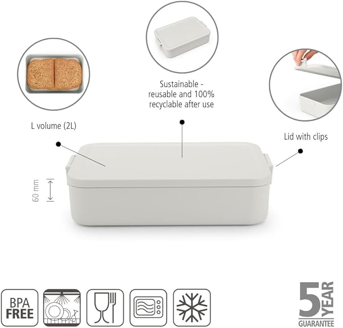 Brabantia Make & Take Large Lunch Box (Light Gray) BPA-Free, Airtight Snap Locks, Microwave & Freezer Safe, Travel Meal Prep Container