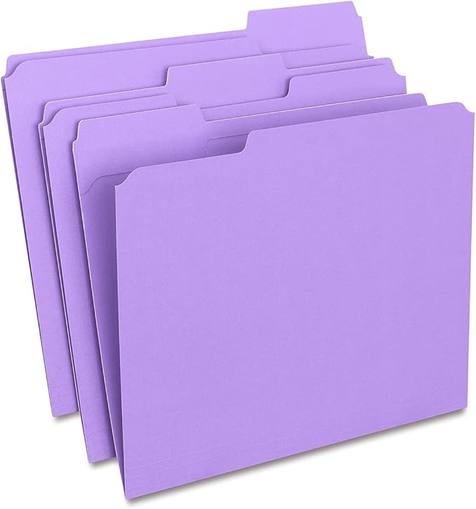 Staples Reinforced File Folders, Letter Size, 3‑Tab Design, Purple, Heavy‑Duty Construction, 100/Box