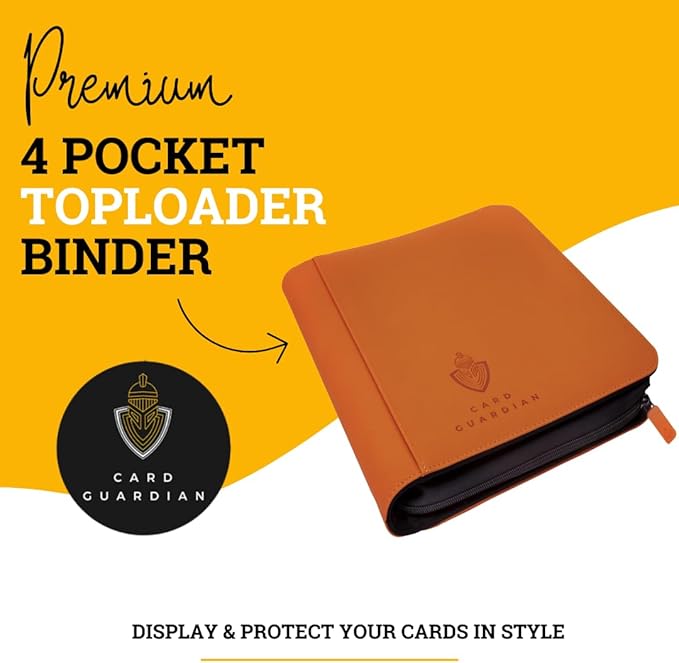 Card Guardian - Toploader 4 Pocket Premium Binder with Zipper for 160 Cards - Side Loaded Pockets - Compatible with Sports and Trading Cards TCG (Orange)