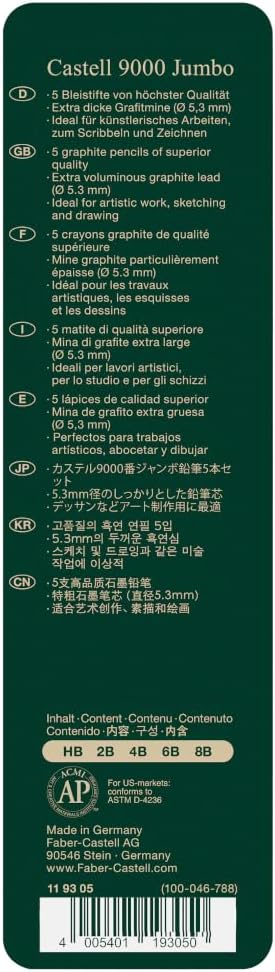 Faber-Castell 5 Piece Quality Castell 9000 Jumbo Graphite Pencils in a Tin, Including HB, 2B, 4B, 6B and 8B,Black