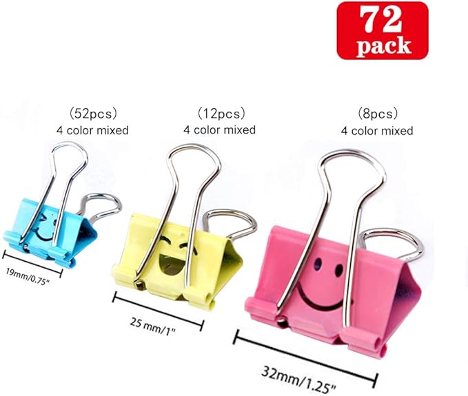 【72pack】 Binder Clips, Limque Paper Clips,Paper Clamps with Colored Cute Hollow Smiling Face,72 Pcs Assorted Size Clip, for Office,Teacher Gifts and Kitchen
