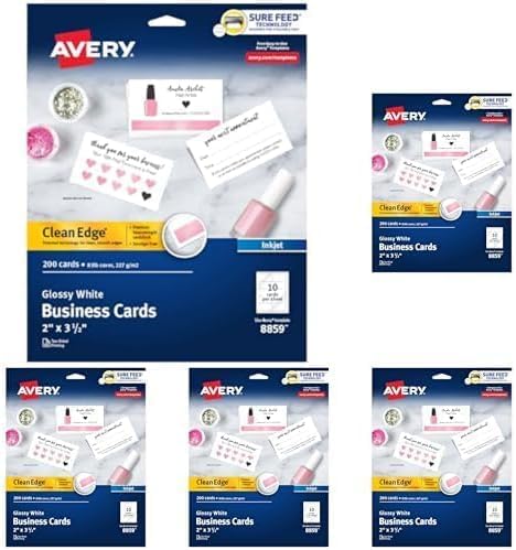 Avery Business Cards Clean Edge Glossy White | Sure Feed Technology | Printable | 2 x 3.5 Inch | 200 Cards, Pack of 5