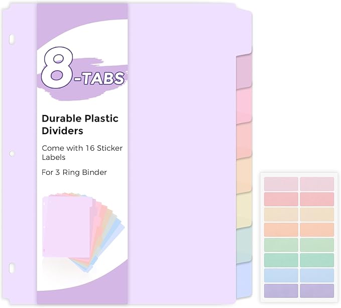 SKYDUE Durable Plastic 8-Tab Dividers, Big Tab Dividers for 3 Ring Binder, Write & Erase 3 Ring Binder Dividers with Tabs, with Sticker Labels, 1 Set, Pastel Color (Purple)