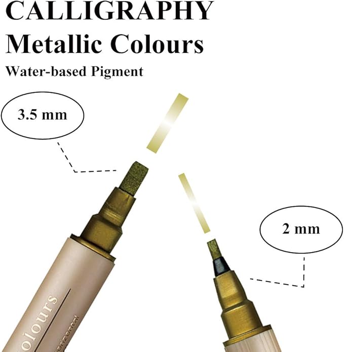Kuretake ZIG Calligraphy Marker Pens Metallic 6 Colors set, 2mm & 3.5mm Dual Tip Markers, for Writing & Hand Lettering, for Professional, Beginner, Water-based pigments, Made in Japan