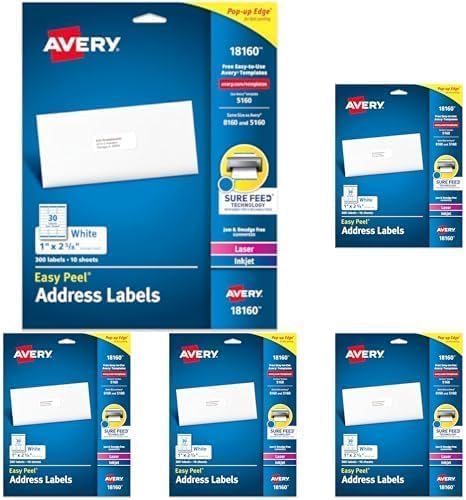 AVERY White Address Labels | 1" x 2-5/8" | Easy Peel | Sure Feed Technology | 300 Labels, Pack of 5
