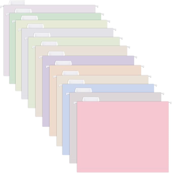 Y YOMA 24 Pack Colored Hanging File Folders Letter Size Decorative Hanging Folder Cute Pretty File Folder for Filing Cabinet Drawer Office Home with 1/5-Cut Adjustable Tabs, Soft Color