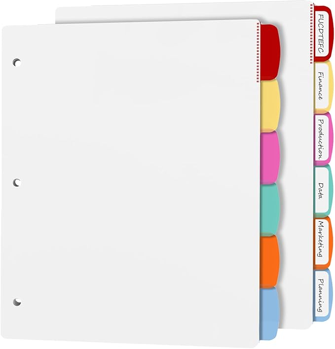 Binder Dividers with Tabs, White Sheet Protectors for 3 Ring Binder, 3 Hole Punch Dividers in 6 Color Tab Page Protectors, 3 Ring Binder Dividers with Tabs, 2 Set 12 Pcs, White
