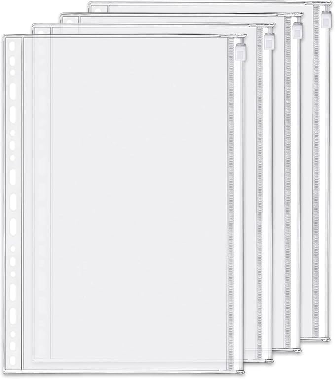 4 Pack B5 19 Holes Binder Zip Pockets Plastic Binder Zipper Folders Waterproof 19 Holes Zipper Loose Leaf Bags Zip Lock Envelope for Documents Notebooks Cards
