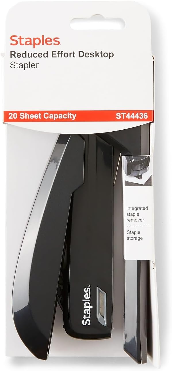 Staples One‑Touch Desktop Stapler, 20‑Sheet Capacity, Black – Easy‑Press Office Stapler