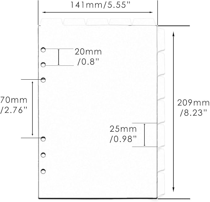 2 Set A5 Binder Dividers White Plastic Index Divider Blank Side 7 Tabs Top 5 Tabs Planner Insets 12 Sheets Refillable Page Protectors for 6 Ring Binder Notebook