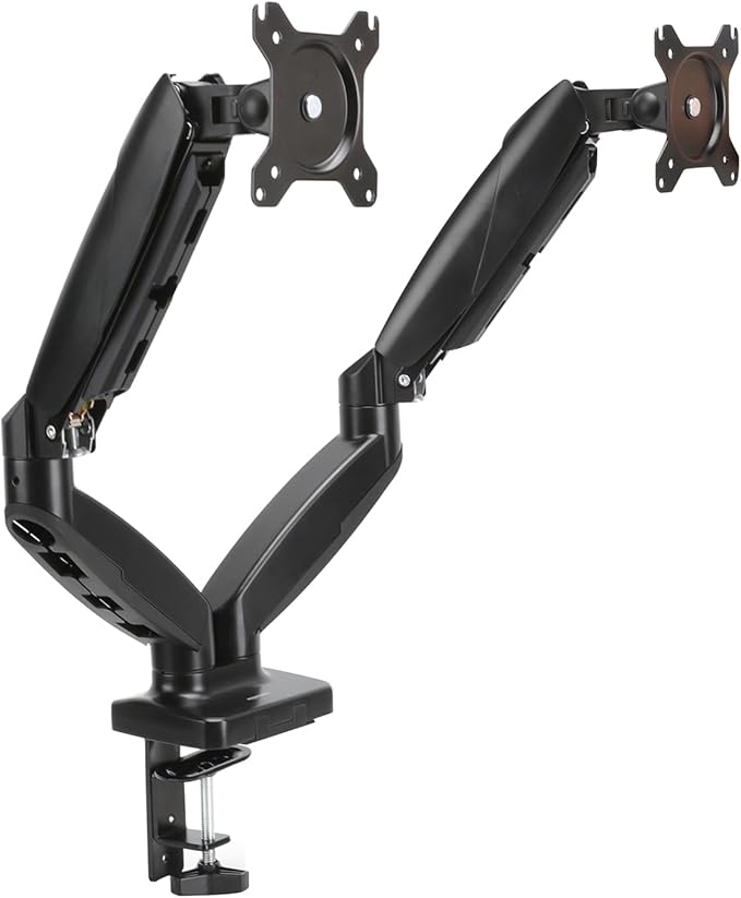 Amazon Basics Gas Spring Dual Computer Monitor Arm Desk Mount, Adjustable, Holds up to 27" Monitors, Black