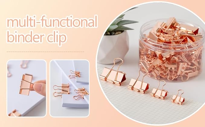 Binder Clip Paper Clamps, Assorted Sizes (Mini, Small, Medium, Large), 100 Pcs Clips for Office School Supplies (Rose Gold)