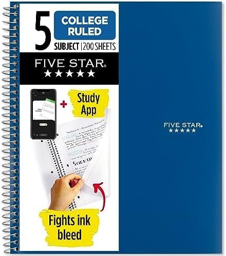 Five Star Spiral Notebook + Study App,5 Subject,College Ruled Paper,8-1/2" x 11",200 Sheets,Fights Ink Bleed,Water Resistant Cover,Pacific Blue (73635),(Pack of 6)