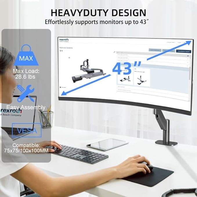 Suptek Ultrawide Single Monitor Arm Mount for 17 to 43 Inch Heavy Duty Curved Screen,Holds 28.6 lbs,Adjustable Gas Spring Monitor Arm Desk Mount Stand,75/100 Vesa Mount,Black(MD71M)