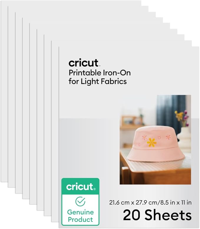 Cricut Printable Iron-On for Light Fabrics, 20 sheets (8.5" x 11") - Print HTV Compatible with Inkjet Printers - For Joy Xtra, Explore, & Maker Machines