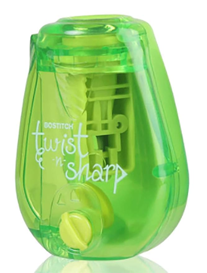 Bostitch Office Pencil Sharpener, Manual, Twist-n-Sharp with Shavings Tray, Kids, Boys, Girls, Colored Pencils, 3-Pack, Lime Green, Blue and Red