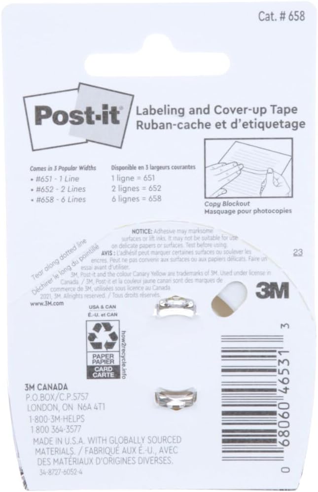 Post-it Labeling and Cover-up Tape 658, 1 in x 700 in (25.4 mm x 17.7 m) - [3 Pack]