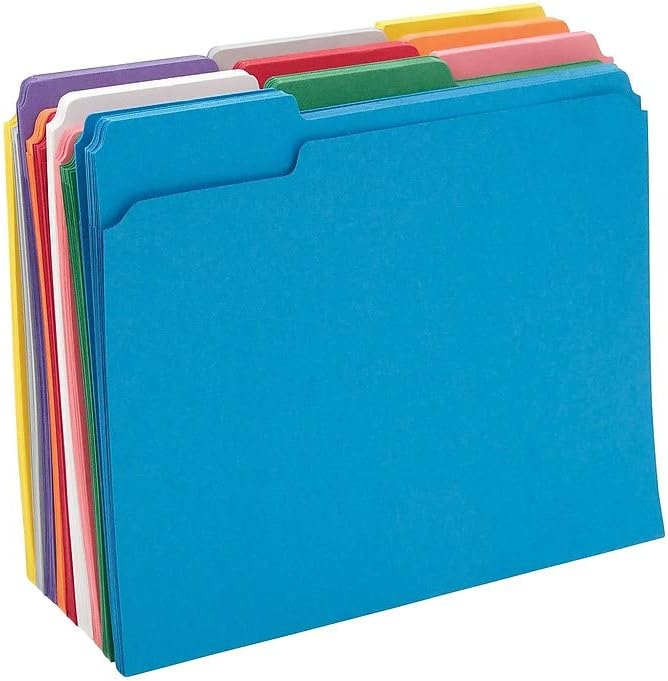 Staples Reinforced File Folders, Letter Size, 1/3‑Cut Tabs, Assorted Colors, Heavy‑Duty 10.5‑Point Stock, 100/Box