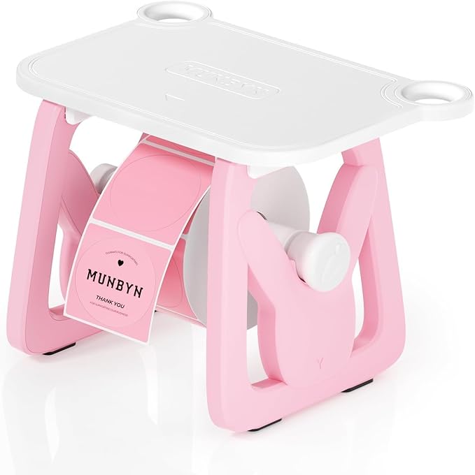 MUNBYN 130B Bluetooth Thermal Label Printer+2.25"x1.25" Pink Thermal Labels+Label Holder for Rolls and Fanfold Labels