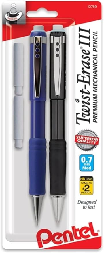 Pentel Twist-Erase III Mechanical Pencil, (0.7mm), Assorted Barrel Colors with 2 Eraser Refills, Pack of 2 (QE517BP2)