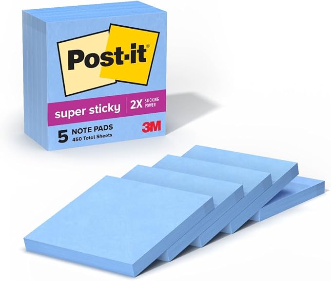 Post-it Super Sticky Notes, 5 Sticky Note Pads, 3 x 3 in., Ideal for Organization in Your Dorm, Home or Office, Single Color Packs Collection, Washed Denim