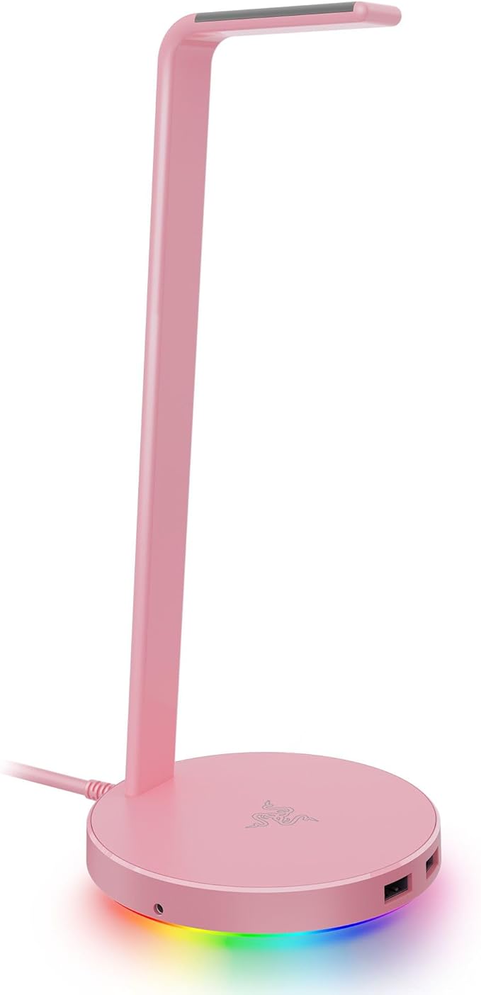 Base Station V2 Chroma Headphone Headset Stand Holder: Chroma RGB Lighting - Taller Stand & Anti-slip Ledge - USB Charging Ports - Anti-Slip Rubber Base - 3.5mm Port + Built-in DAC - Quartz Pink