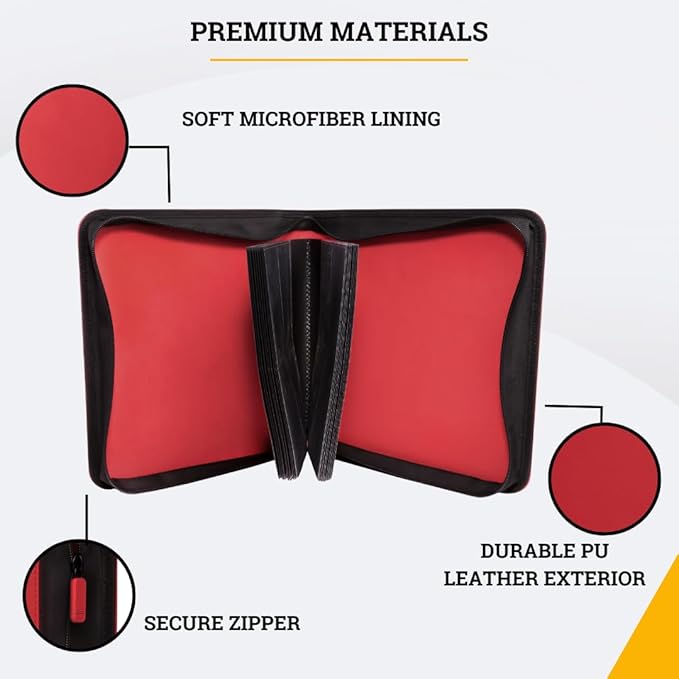 Card Guardian - Toploader 4 Pocket Premium Binder with Zipper for 160 Cards - Side Loaded Pockets - Compatible with Sports and Trading Cards TCG (Red)