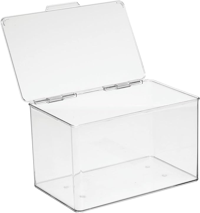 mDesign Small Plastic Home Office Storage Organizer Box Containers with Hinged Lid for Desktops - Holds Pens, Pencils, Sticky Notes, Highlighters, Staples, and Supplies - Lumiere Collection - Clear