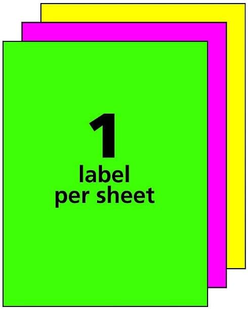 Avery High-Visibility Neon Shipping Labels for Laser Printers Assorted Colors, 8-1/2 x 11, Box of 100 (5935)
