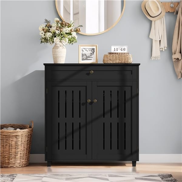 Yaheetech Shoe Cabinet, 4-Tier Shoe Storage Cabinet with Drawer & Adjustable Shelves, Wooden Shoe Rack Organizer with Louvered Doors for Entryway, Hallway, Closet, Living Room, Black