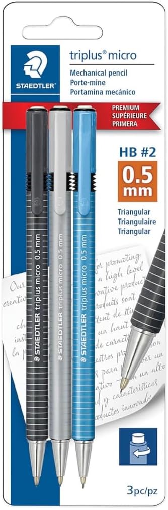 STAEDTLER Triplus Micro Mechanical Pencils (#2) 0.5mm lead, Retractable with Twist Eraser, Ergonomic Triangular Grip for Writing, Drawing & Drafting, 3-Pack (18)