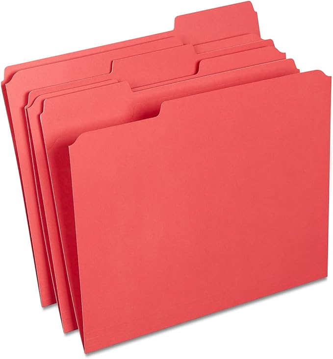 Staples Reinforced Colored File Folders, Letter Size, 3‑Tab Design, Red, Heavy‑Duty Construction, 100/Box