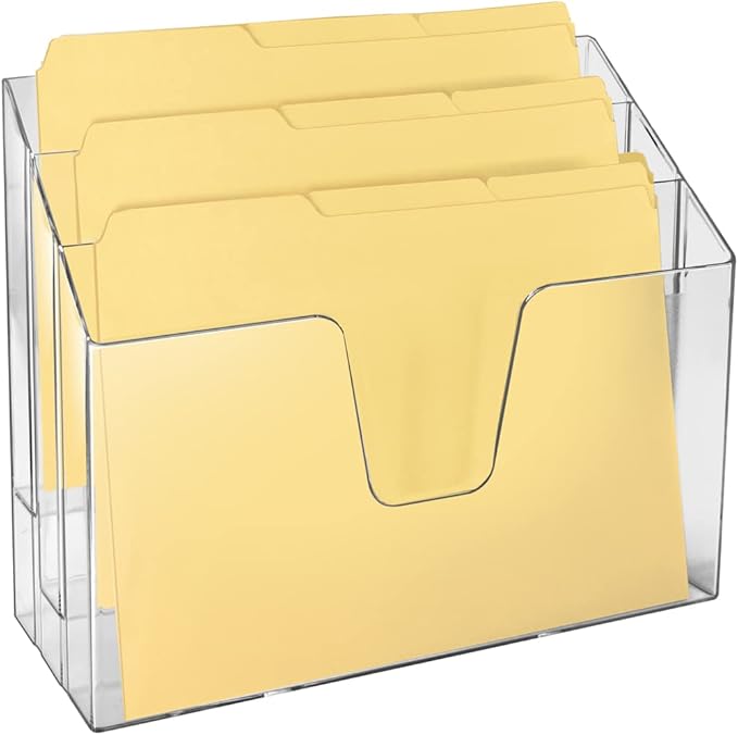 Acrimet Horizontal Triple File Folder Holder Organizer, Open-Top Desktop Document Sorter for Letter Size Papers & Folders, Includes 9 Manila Folders, Plastic Clear Crystal
