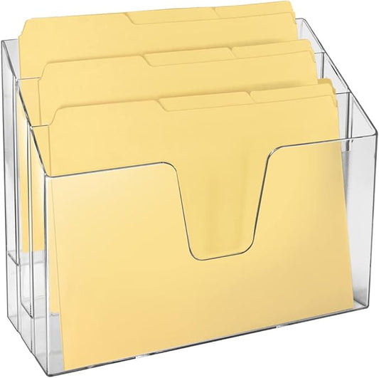 Acrimet Horizontal Triple File Folder Holder Organizer, Open-Top Desktop Document Sorter for Letter Size Papers & Folders, Includes 9 Manila Folders, Plastic Clear Crystal