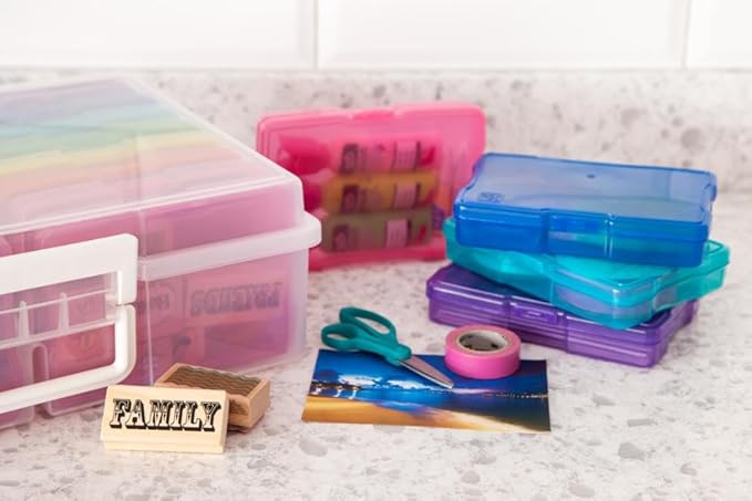 IRIS USA 4" x 6" Photo Storage Box Craft Keeper, 2-Pack, Transparent Handle Container with 16 Organization Holder Cases for Pictures, Tasks, Ephemera, Scrapbooking, Stationery, Multi-Color/Clear
