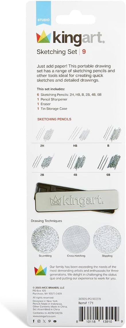 KINGART 9-Piece Essential Sketching & Drawing Pencil Set with Metal Storage Tin – Includes 6 Graphite Pencils (2H to 6B), Sharpener, and Eraser