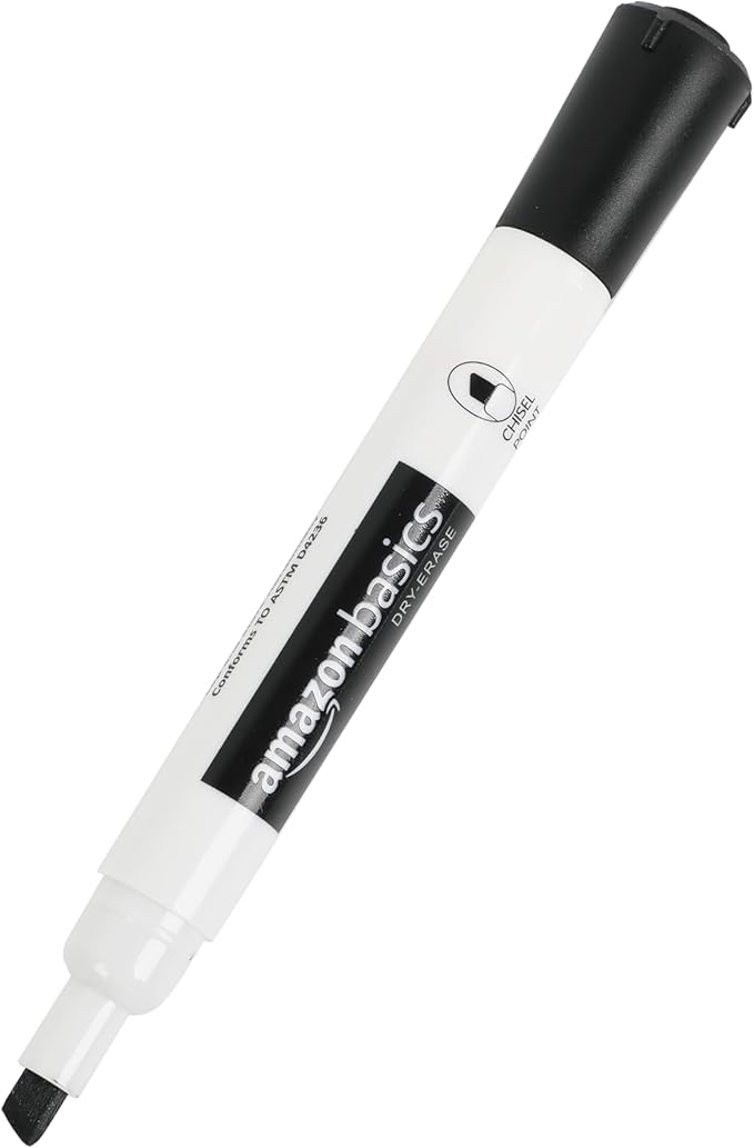Amazon Basics Dry Erase Whiteboard Markers, Chisel Tip, Low-Odor, Assorted Colors, 4-Pack, Black, Red, Green, Blue
