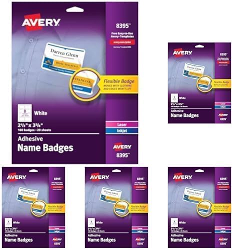 Avery Flexible Printable Name Tags, 2-1/3" x 3-3/8", Matte White, 160 Removable Name Badges (8395) (Pack of 5)