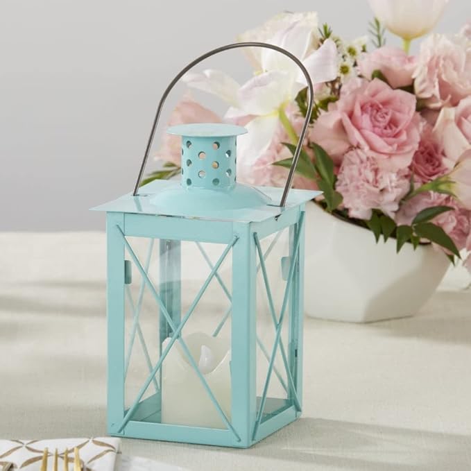 Kate Aspen Medium Decorative Lanterns - Set of 2 - Luminous Blue Metal Lantern Tealight Candle Holders Centerpieces for Wedding, Home Decor and Party - 6.3" H (8.9" H with Handle)